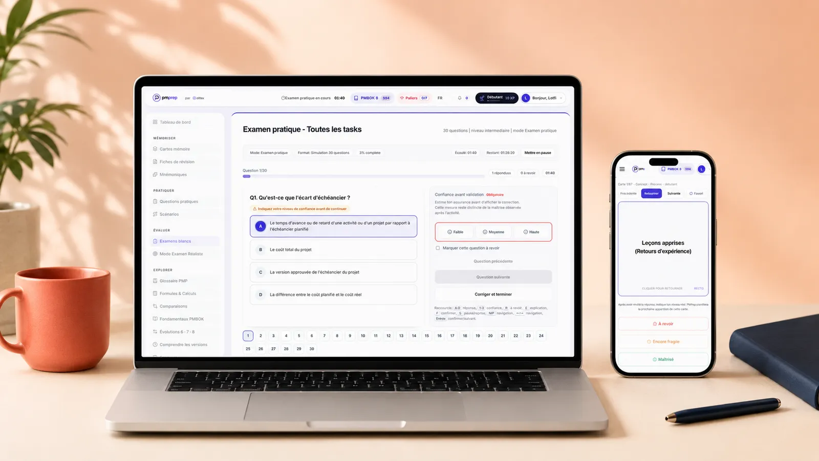PMPrep sur MacBook et iPhone, avec un examen blanc et une flashcard