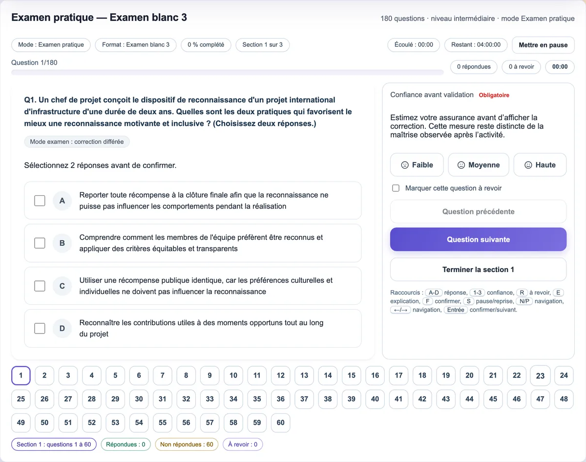 Première question d’un examen blanc : le niveau de confiance est demandé avant de passer à la suite