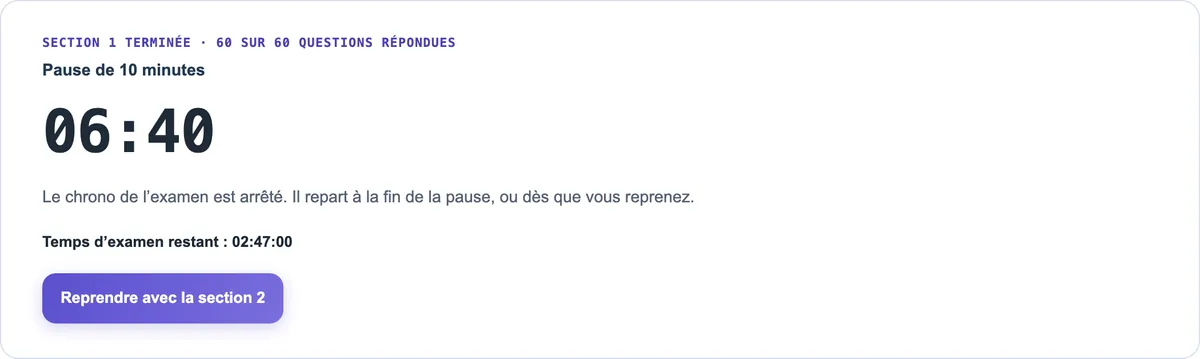 Pause de 10 minutes entre deux sections : le chrono de l’examen est arrêté