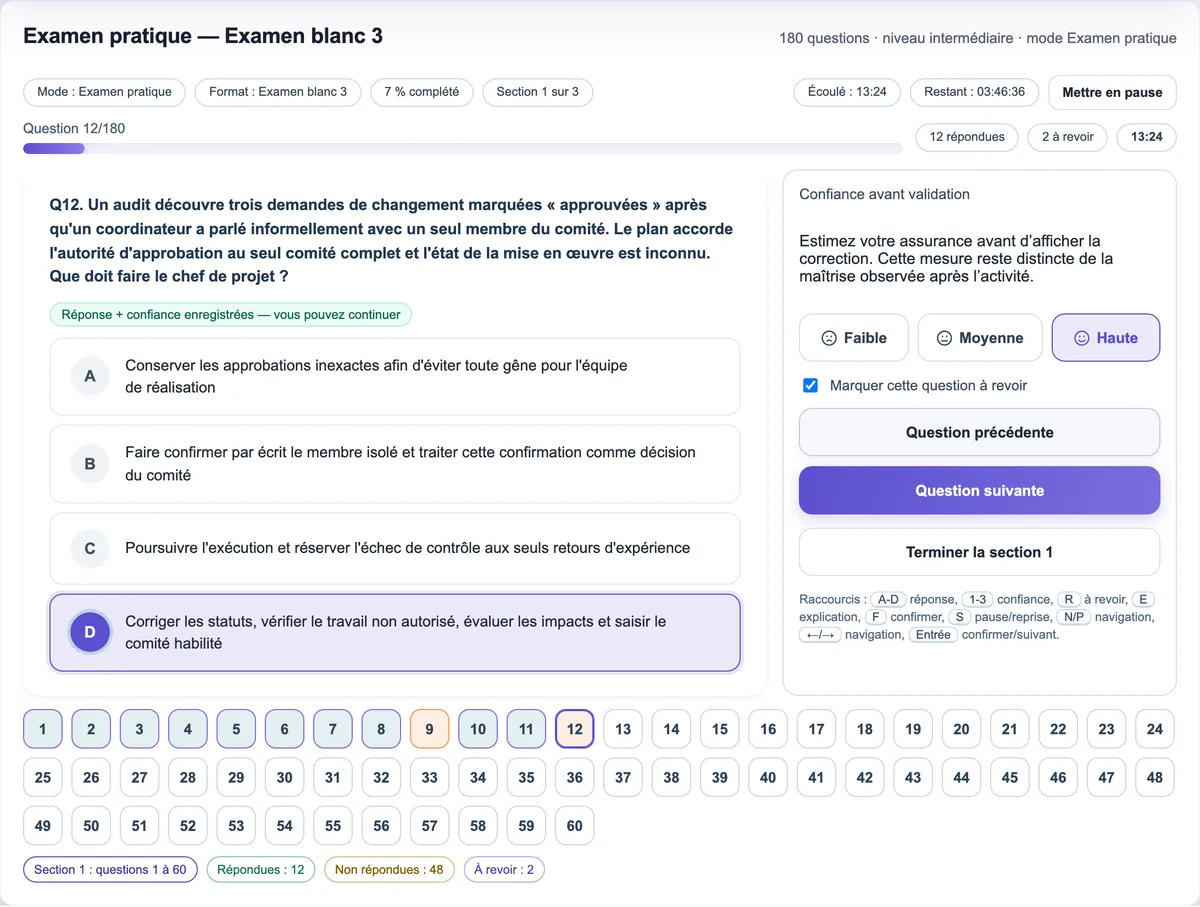 Question 12 sur 180 de l’Examen blanc 3, section 1 sur 3 : chrono, palette des questions, niveau de confiance et marquage à revoir