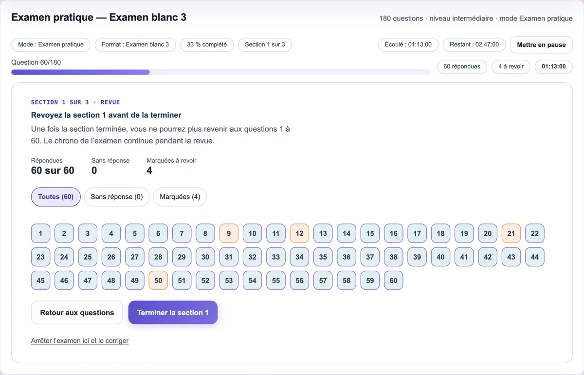 Revue de la section 1 sur 3 avant verrouillage : questions répondues, sans réponse et marquées à revoir