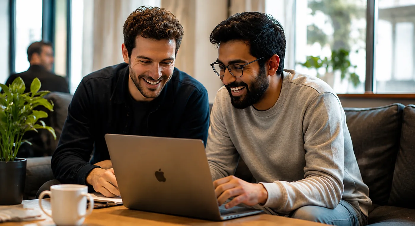 Deux apprenants souriants découvrant un programme sur un ordinateur portable