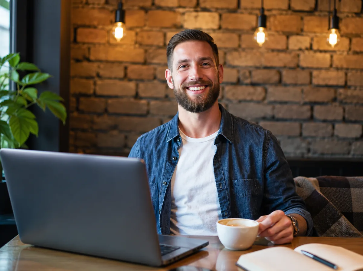 Développeur souriant travaillant sur son ordinateur portable