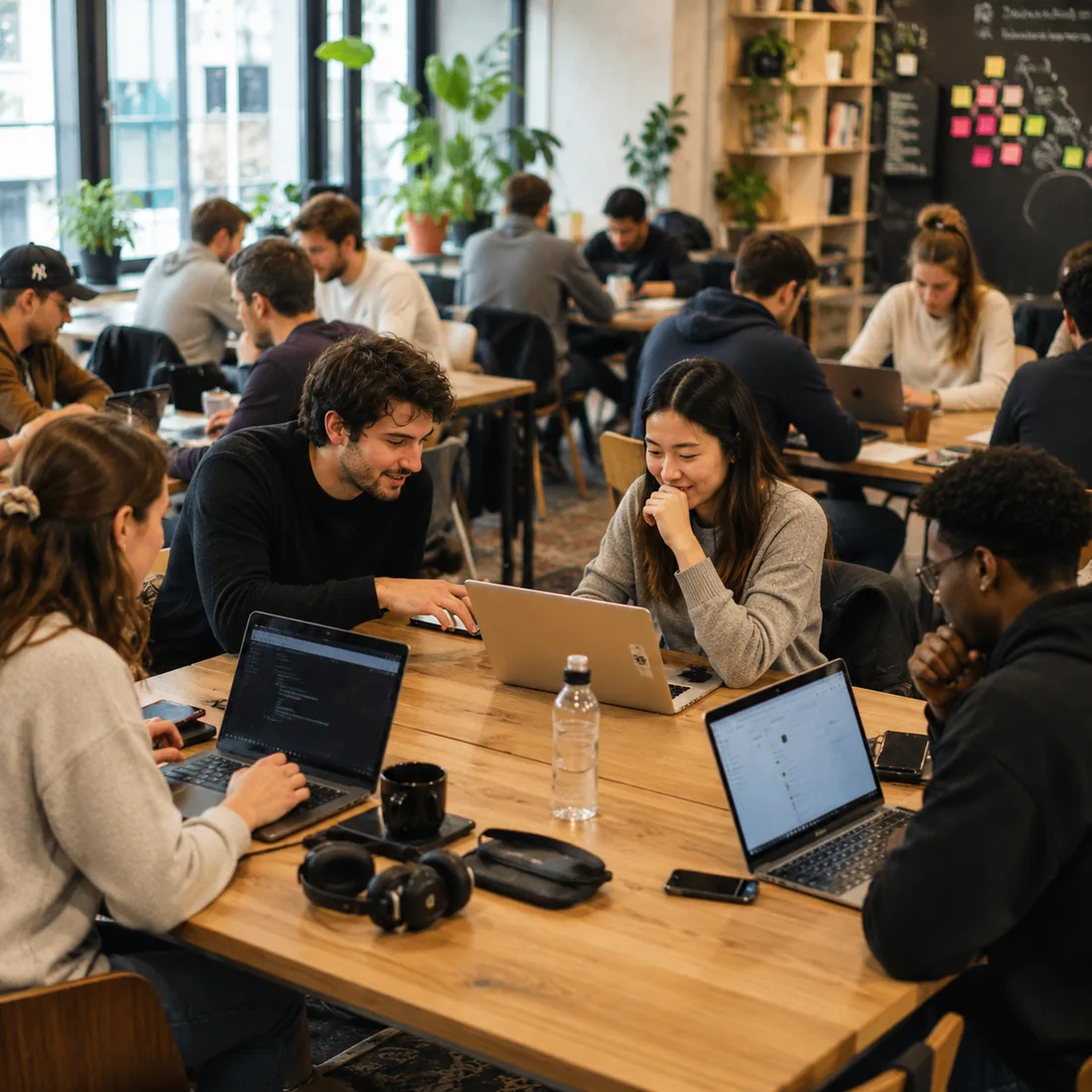 Promotion d'apprenants travaillant sur leurs ordinateurs en espace de coworking